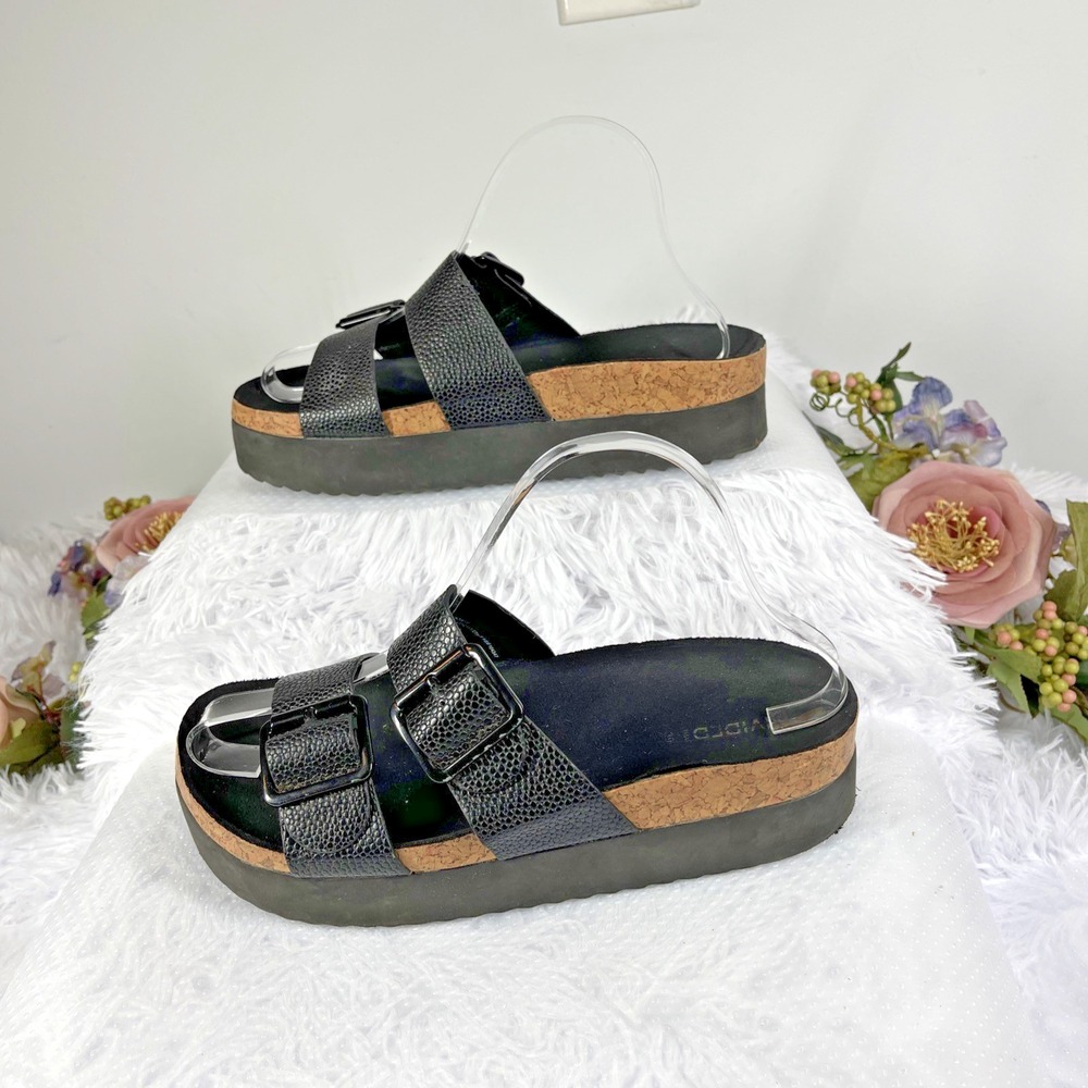 Divided 8/39 Women's 8 Black Platform Slide Sandals Double Buckle Cork Footbed